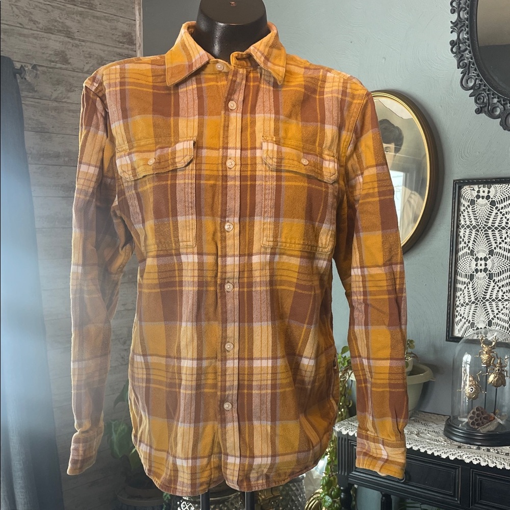 The North Face Men's Casual Plaid Shirt - Brown and Yellow